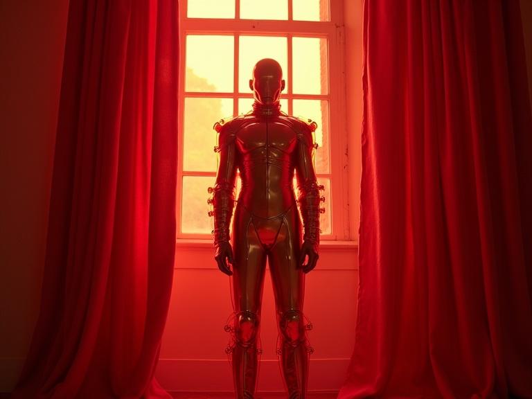 A humanoid figure in a shiny suit stands confidently against a backdrop of crimson curtains. The light from a window creates a striking silhouette. The visual style is a blend of sci-fi and cinematic elements, with an emphasis on photorealism and dramatic lighting.