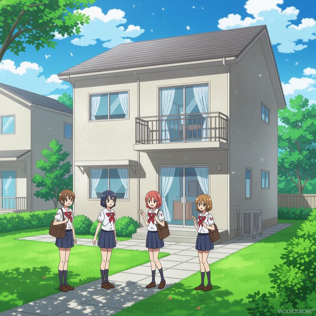 A group of four students standing in front of a house. The house is two stories with a balcony. Set against a bright, blue sky with a few clouds. The students wear school uniforms and are smiling. The scene depicts a cheerful atmosphere.