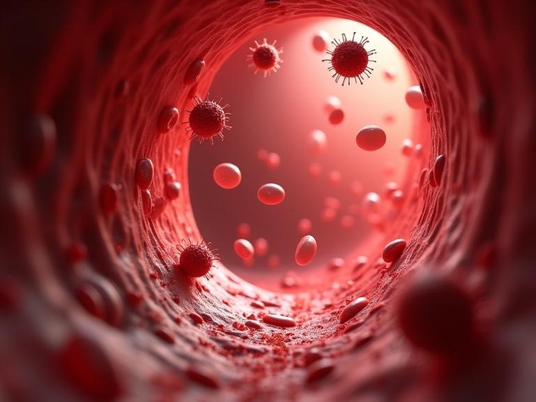 Highly detailed 3D medical illustration inside a human artery perspective tunnel view showing red blood cells floating. Visible white blood cells and platelets. Spiky spherical cancer cells in the bloodstream with metastatic cancer cells emerging through the vessel wall. Microscopic floating particles in blood plasma. Photorealistic lighting and soft depth of field. Realistic vessel textures create dynamic blood flow atmosphere with warm red color palette.