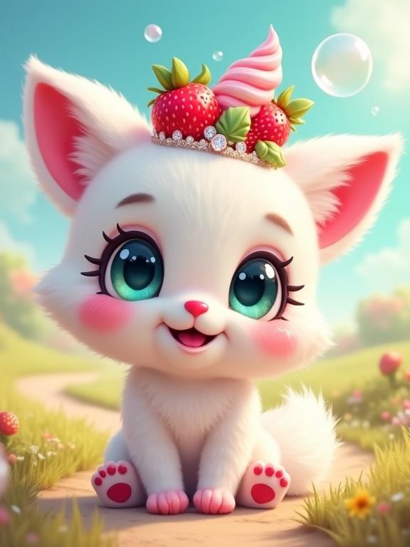 Sweet creature depicted has fluffy white fur. Features big teal eyes and pink accents. Wears a crown of strawberries and candy. Background shows a sunny field with a path and bubbles. Emphasizes joy with a playful pose.
