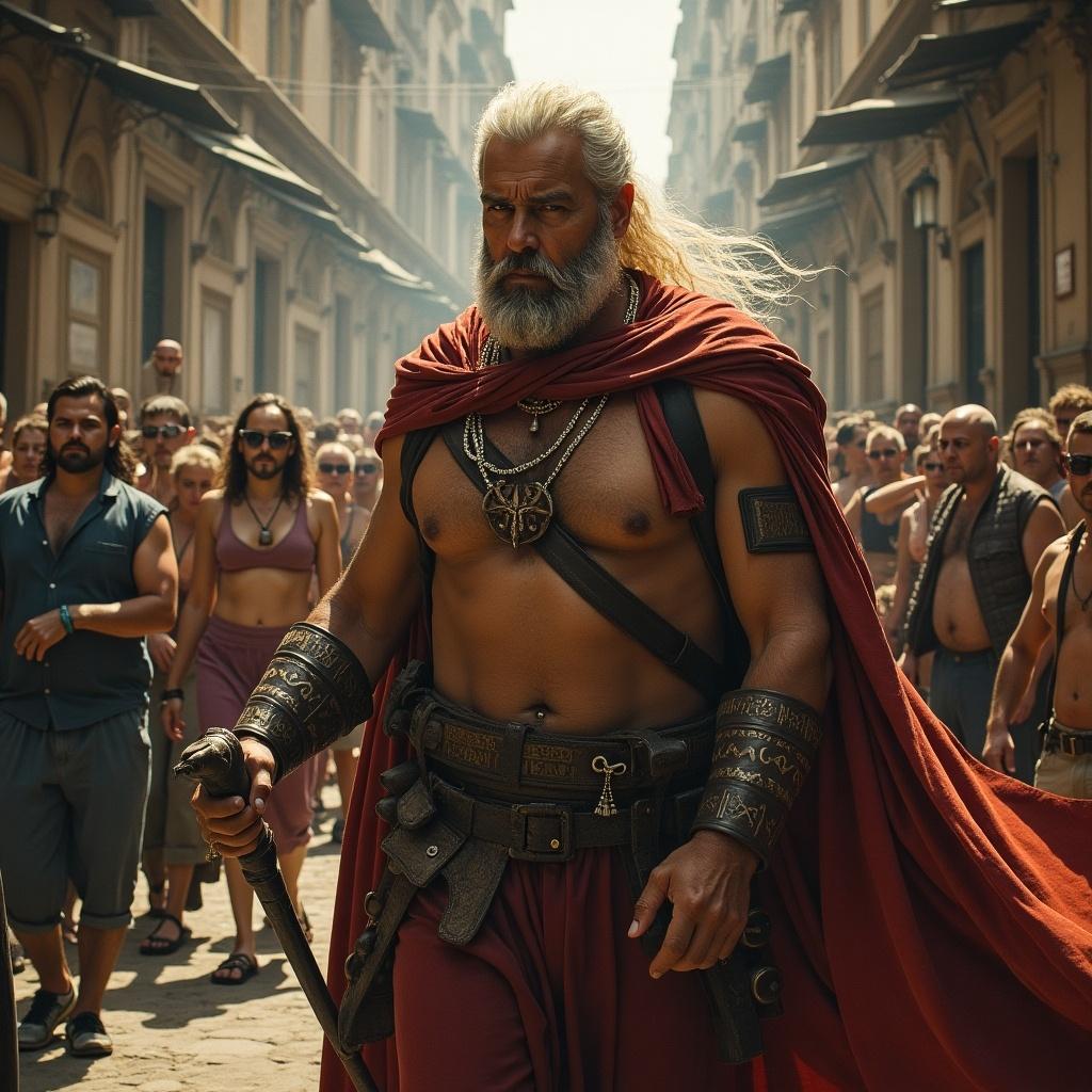 Scene depicts groups of people in an ancient city. A muscular warrior stands prominently in the foreground. Others in the background wear historical attire. Bright sunlight illuminates the scene. Street atmosphere is lively.