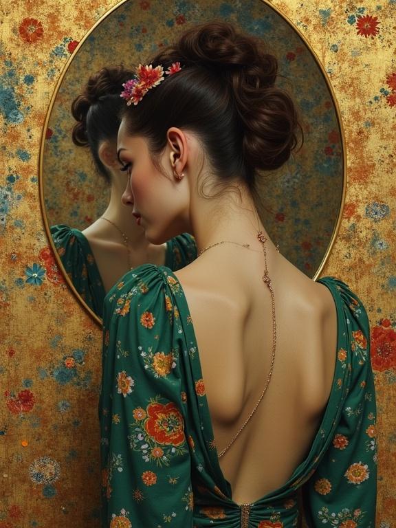 Woman facing away, mirror reflects her image. Floral patterned dress, elegant hairstyle, warm tones, hint of jewelry.