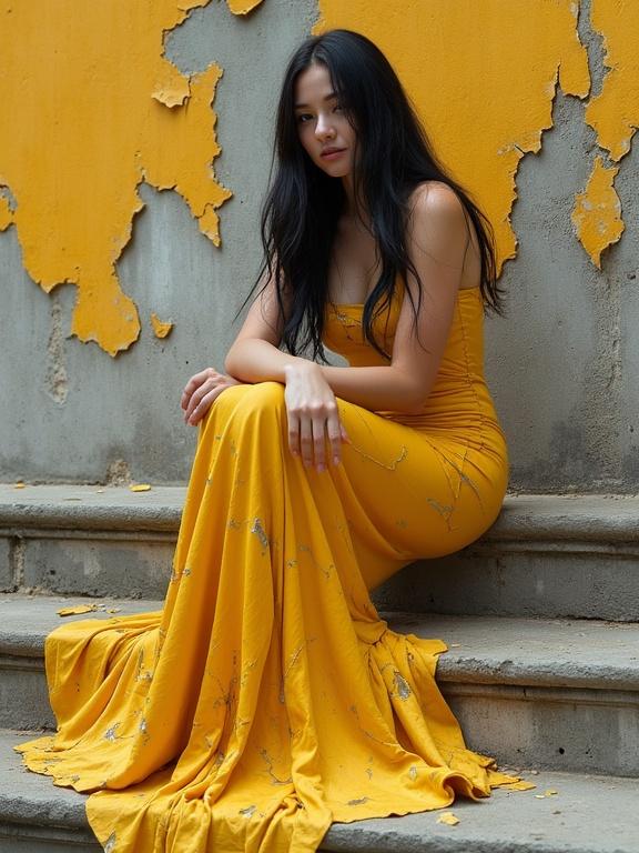A woman with long black hair sits on weathered stone steps. The woman wears a golden-yellow gown mimicking crumbling plaster. The dress has deep fissures and flaking edges. The dress's texture resembles aged walls. Hands are visible with distinct fingers. Right hand rests on knee. Left arm is folded across torso. The wall behind her shares a golden-yellow hue with cracks and peeling sections. Fragments of the gown scatter on the steps around her feet. Soft golden-hour glow highlights the scene, casting shadows.