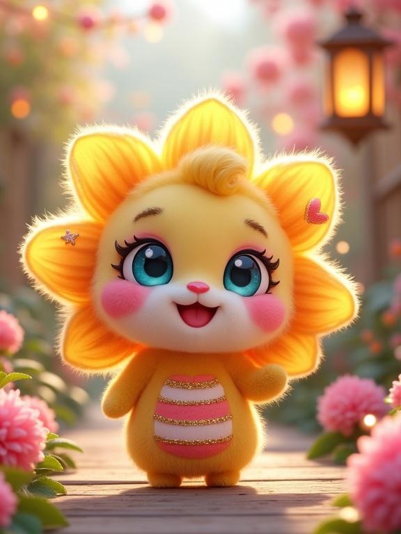 A cheerful flower-like creature in a whimsical garden. It has a fluffy yellow body, pink cheeks, large blue eyes, and a smile. The creature wears a striped outfit with pink and gold. Surrounded by petals and flowers on a garden path with soft lights.