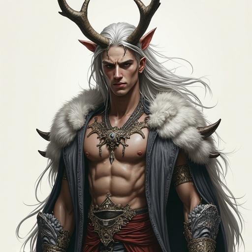 Illustration of a young male figure with horns. Semi-divine appearance with platinum hair. Wears fantasy attire. Strong physique. A mix of human and beast features.