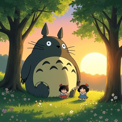 Anime style medium shot whimsical scene in a lush green forest from My Neighbor Totoro. Setting sun casts warm light over tranquil clearing. Giant fluffy Totoro sits amidst trees with gentle eyes and endearing smile. Cat-bus perches on nearby branch. Satsuki and Mei frolic at Totoro's feet, surrounded by blooming flowers and soft golden light.