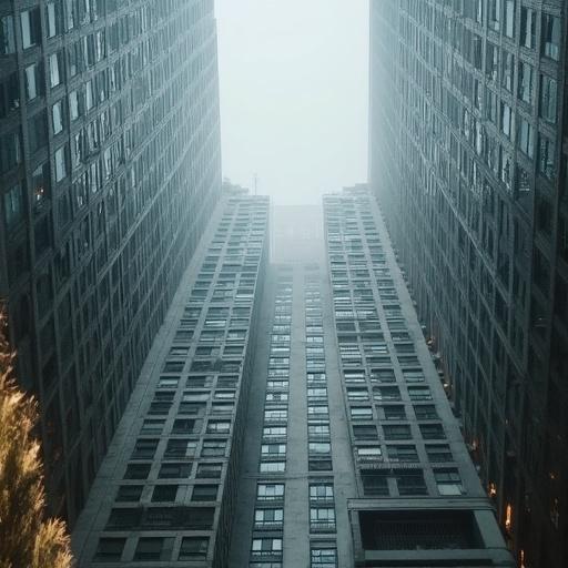 Vertical view between tall buildings in a foggy atmosphere. Urban landscape showcasing modern architecture. The perspective looks up through the narrow space created by skyscrapers.