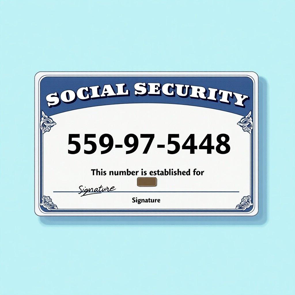 Depiction of a United States Social Security card. Prominently features the text 'SOCIAL SECURITY' at the top. Key numbers displayed are '559-97-5448'. Below the number is a smaller font stating 'this number is established for'. A signature line with the word 'signature' is underneath. A graphic chip represents modern identification. Decorative elements indicate official nature. Background is soft blue, enhancing visual appeal. Design is professional and clean.