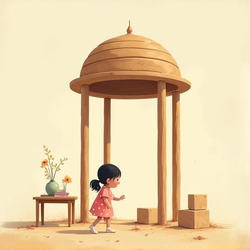 Soft flat-style children’s illustration of a girl near a wooden structure. The structure has four columns and a dome with one missing column. A table is tipping over with flowers and books. The girl in a pink dress is falling next to the table. The scene is filled with dust and haze to create a child-friendly atmosphere.