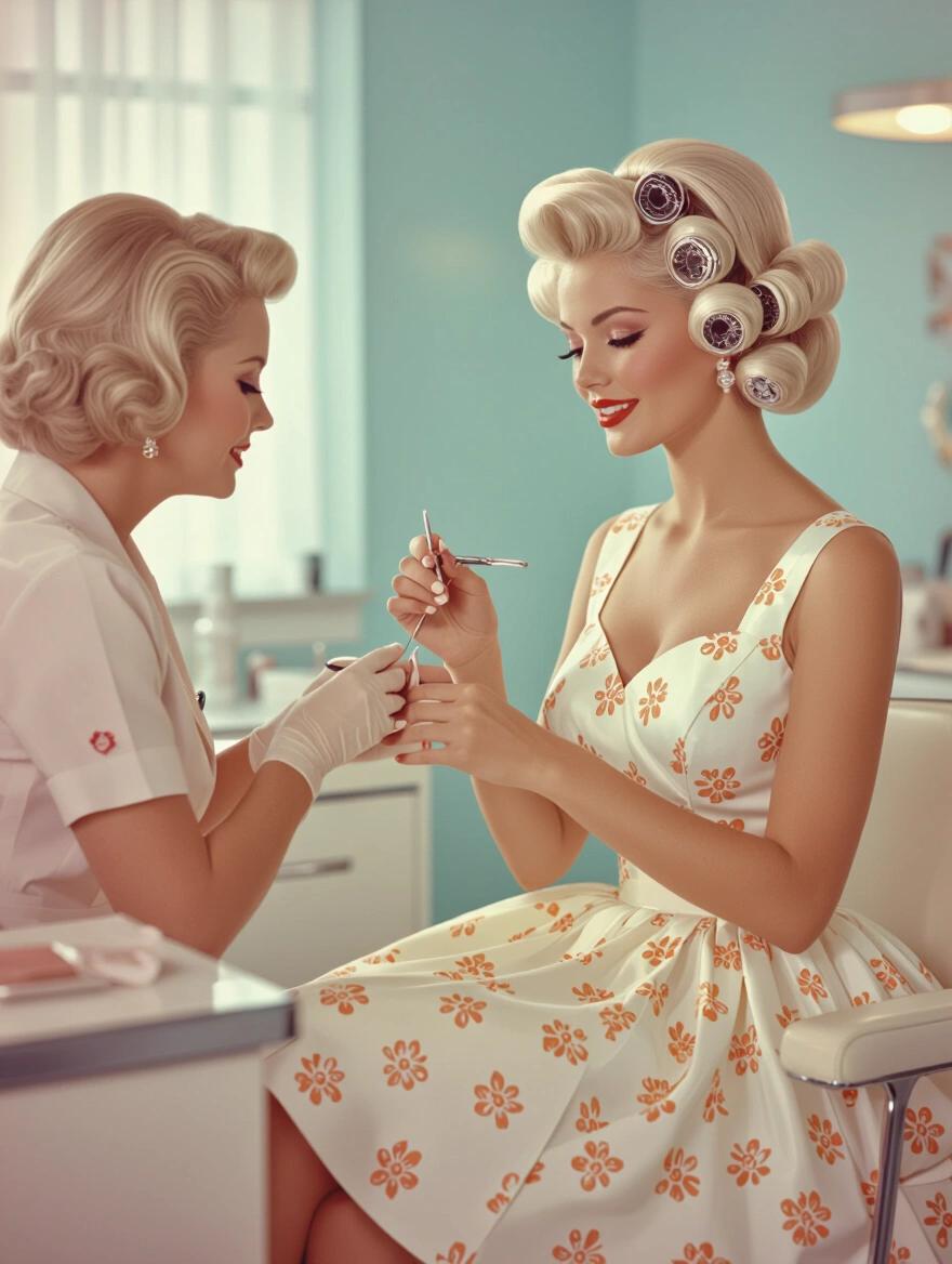 Beautiful woman with platinum blonde hair sitting in a beauty shop. Hair curlers in hair. Wearing a sun dress with petticoats. Receiving a manicure from an older woman. Retro beauty shop setting with soft lighting. Mid-century sophistication captured in vibrant colors.