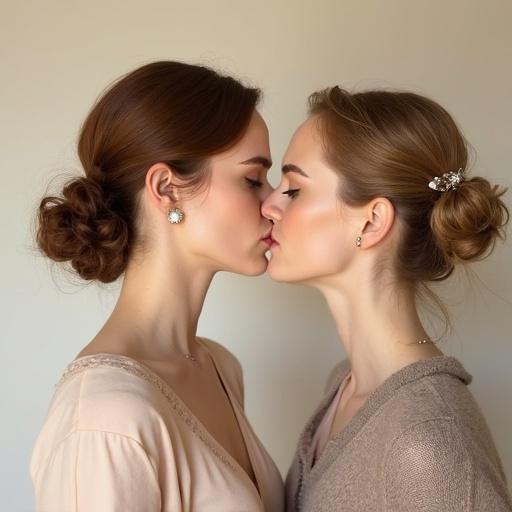 Two women share a kiss. Both have stylish hairstyles. Background is light and neutral, nude color.