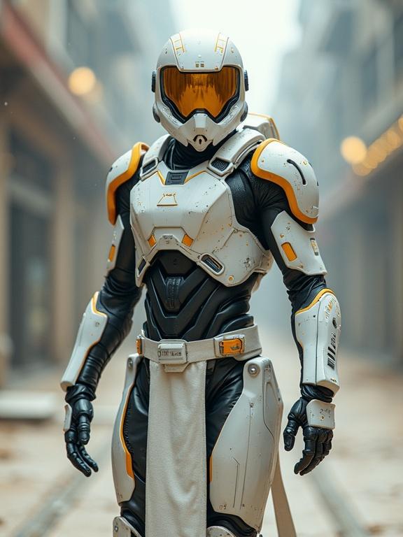 Full body cinematic shot of cyborg ninja in futuristic white armor with bold orange and yellow accents. Background is an atmospheric setting.