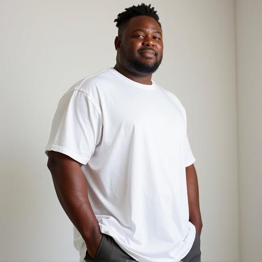Confident overweight man posing in natural ways. Hands in pockets arms crossed smiling casually standing with one hand on hip. Wearing loose-fitting plain oversized white T-shirt with casual pants. Set in modern minimalist studio with natural light. High-resolution image for fashion catalog or apparel promotion.