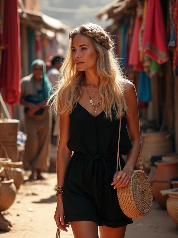 Elegant blonde woman with long wavy hair in trendy black jumpsuit walking through colorful traditional market. Local culture and craftsmanship evident in background. Handcrafted baskets and vibrant fabrics create rich context. Soft sunlight, joyful atmosphere.