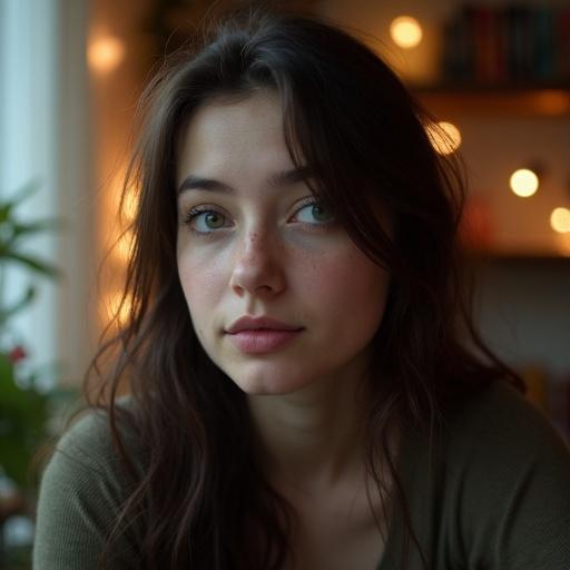 Image presents a young woman with soft facial features seated in a dimly lit apartment. The environment contains a bookshelf and plants. Woman has dark brown hair falling in waves. She has green almond-shaped eyes and is gazing softly off-camera. The setting has warm, ambient lighting with fairy lights creating a cozy atmosphere.