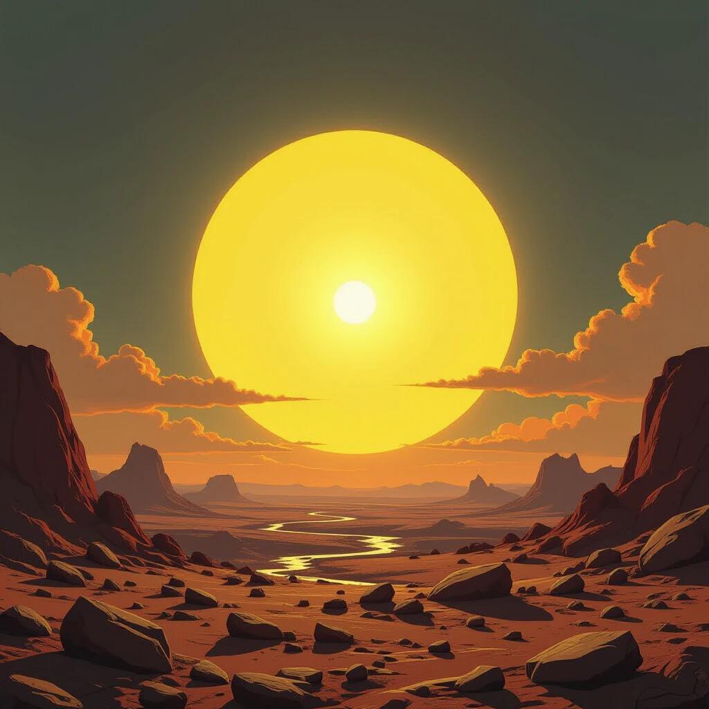 A bright sun with a yellow circular corona appears on the horizon of a rocky planet styled like John Berkey's work. Emphasize surreal lighting and landscape.