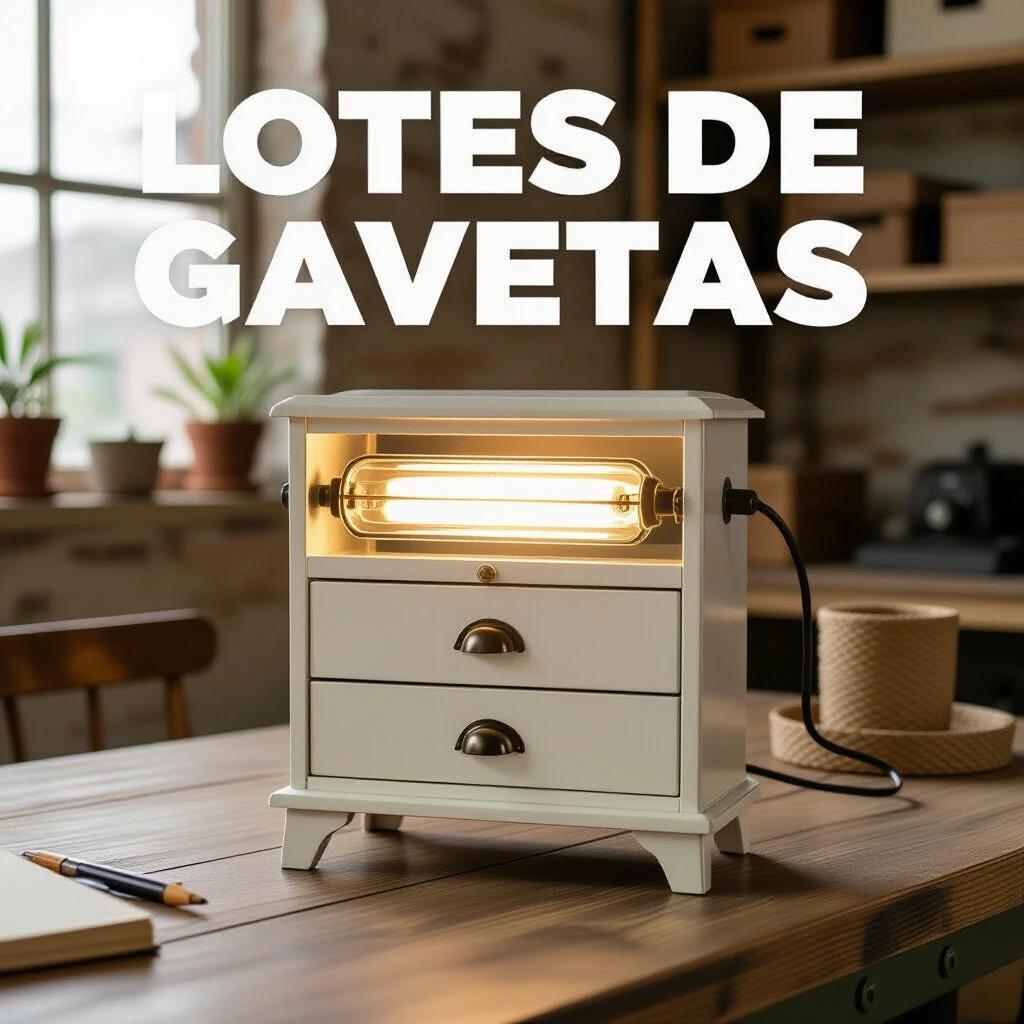 Mini cabinet with a white finish. Features drawers and a fluorescent lamp. Located on a workshop table. Includes bold text 'Lotes de Gavetas'.