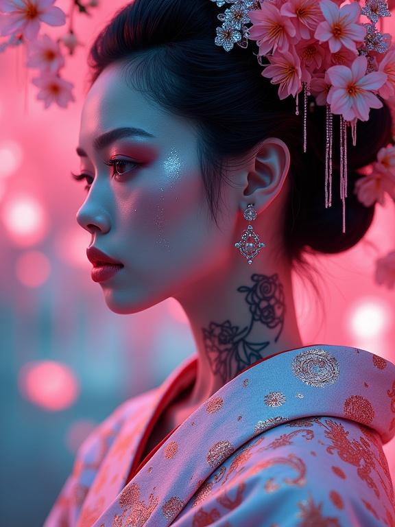 A portrait of a futuristic geisha with cybernetic enhancements. Intricate tattoos glow softly on her face. She wears an ornate kimono surrounded by neon cherry blossoms and holographic koi fish. Digital art created in high resolution.