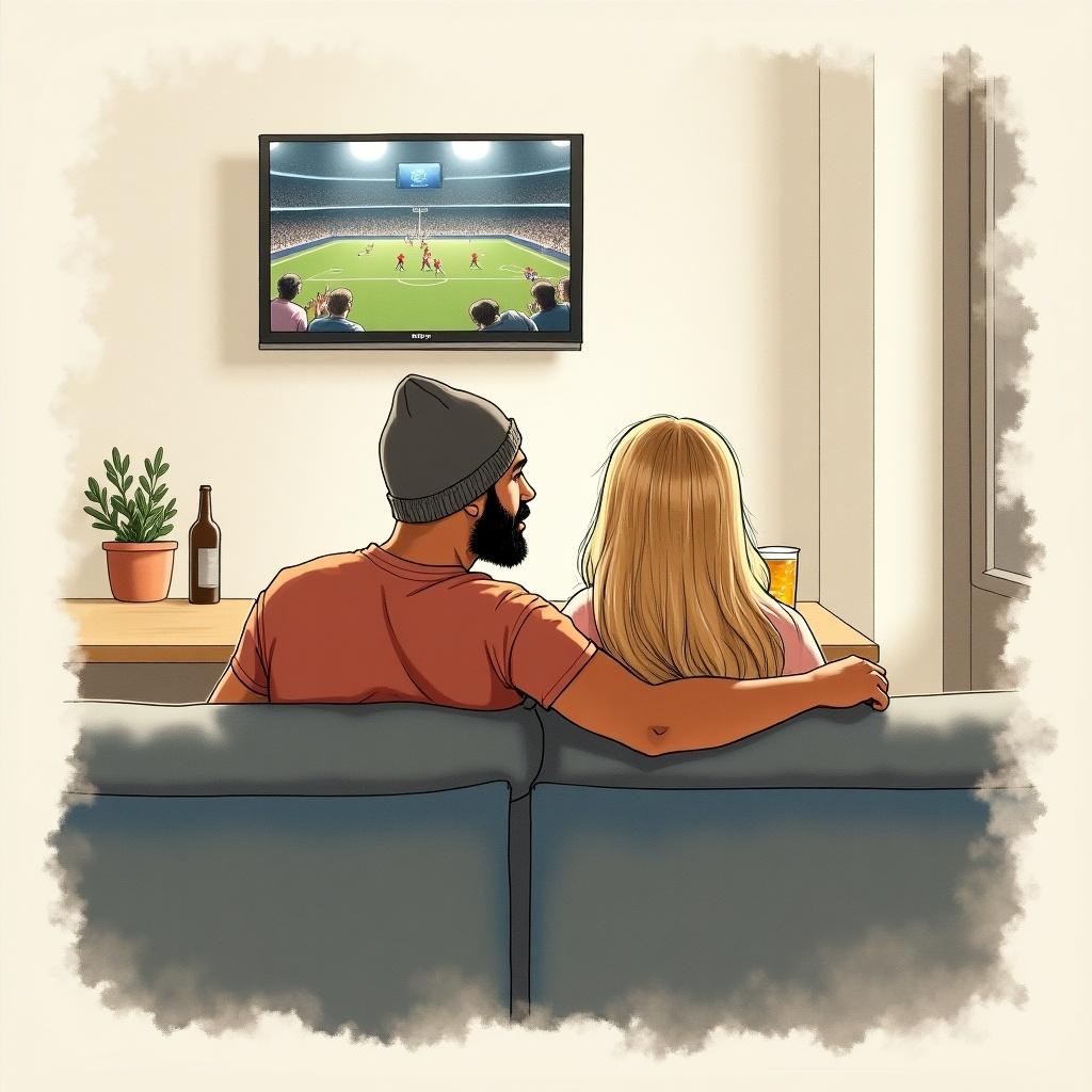 Couple sitting together on a couch in a cozy environment watching a game on TV. The man is bald with a beanie and a beard. The woman has naturally styled golden blond hair. The setting is minimalist and calm, emphasizing their connection.