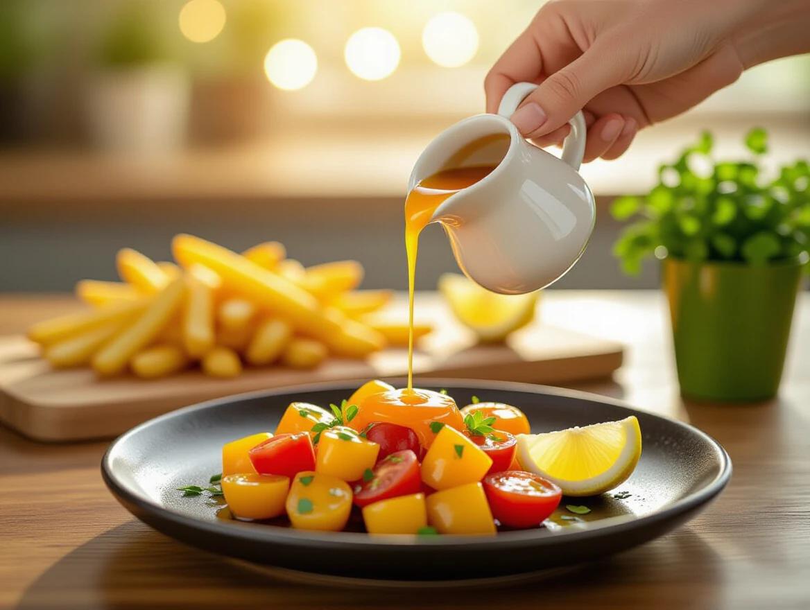 Hands pour orange sauce from a small white pitcher onto a black plate. Plate contains diced yellow and red tomatoes with herbs and lemon wedge. Golden brown french fries on a wooden cutting board in background. Green potted herb plant is visible. Scene set on wooden table with warm bokeh lighting. Side angle capture of pouring action creating dynamic visual.