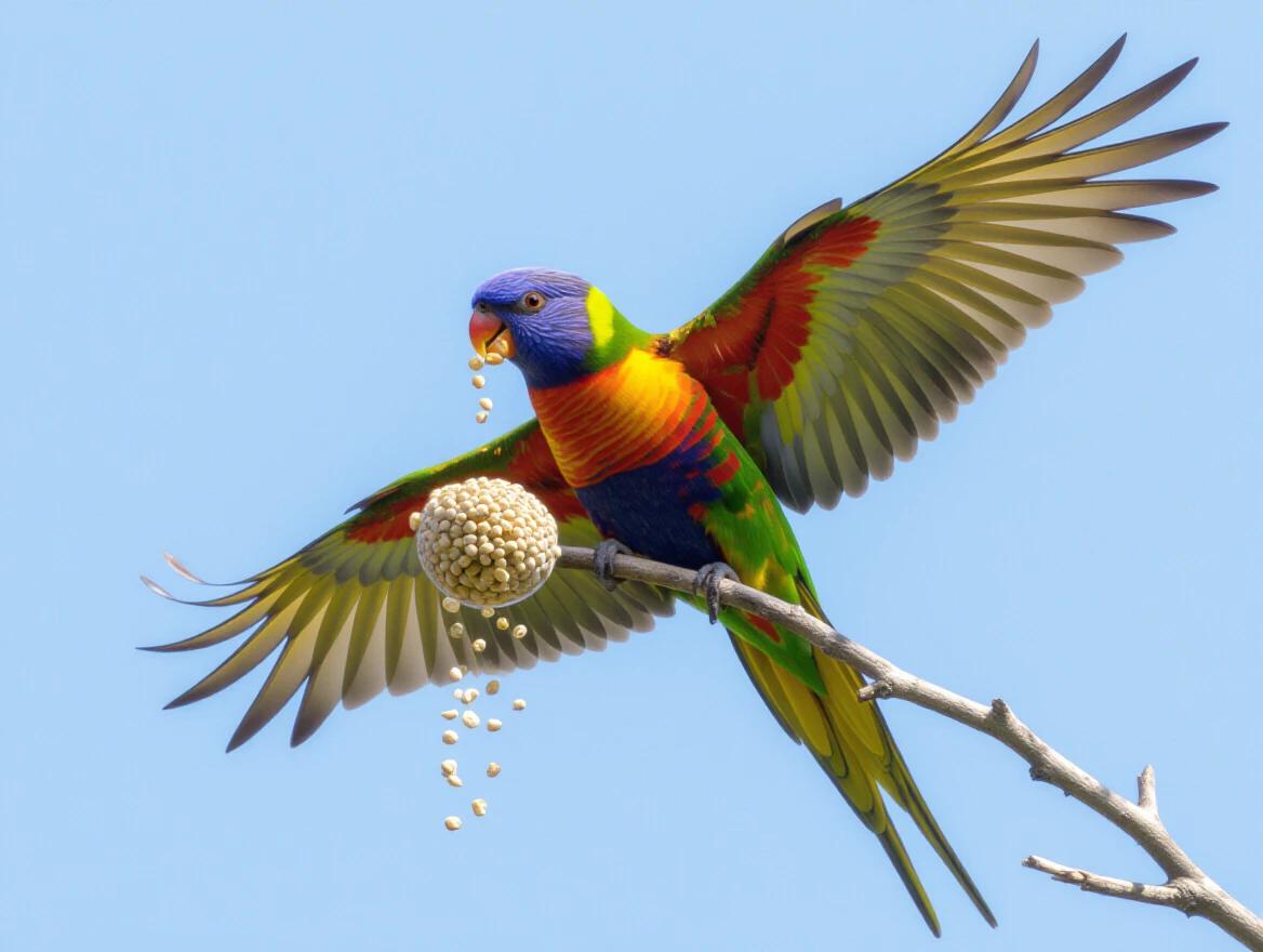Colorful parrot perching on thin branch with an outstretched wing holding bird food. The parrot is vibrant with multiple colors. There are seeds dropping from its beak.