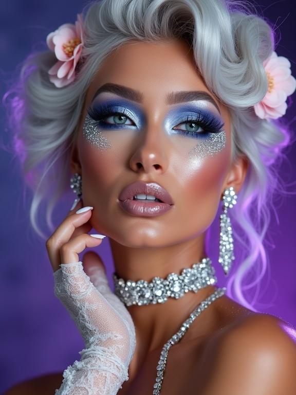 Close-up portrait of glamorous woman. Artistic avant-garde makeup. Dramatic lashes. Rhinestones and crystals enhance glowing eyes. Wavy silver hair adorned with flowers. Shimmering blue metallic eyeshadow on flawless skin. Luminous metallic silver gloss on lips. Tanned skin dusted in ultra-fine glitter. Jeweled bracelet on wrist. Manicured hand in lace gloves touches neck. Background features purple nebula. Studio fashion photography in ultra-detailed style.