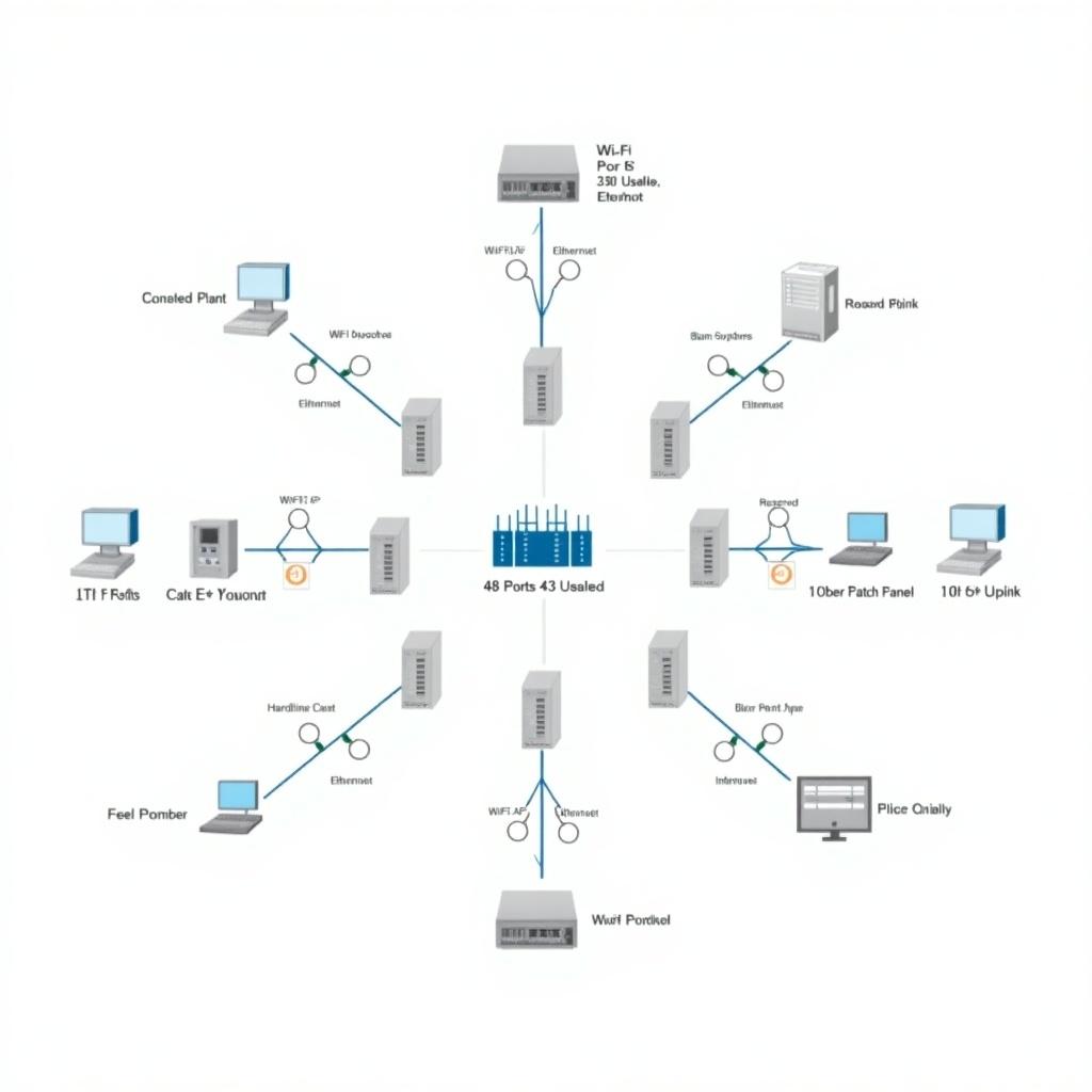 Network layout showing switches, Wi-Fi access points, and hardline devices. Central switch is Cisco Catalyst MS390-48UX2 with 48 ports. Wi-Fi APs are PoE+ powered. Hardline devices include PCs and security cameras. Fiber patch panel with dual 10 Gbps OM4 uplinks to the switches. Connections labeled clearly.