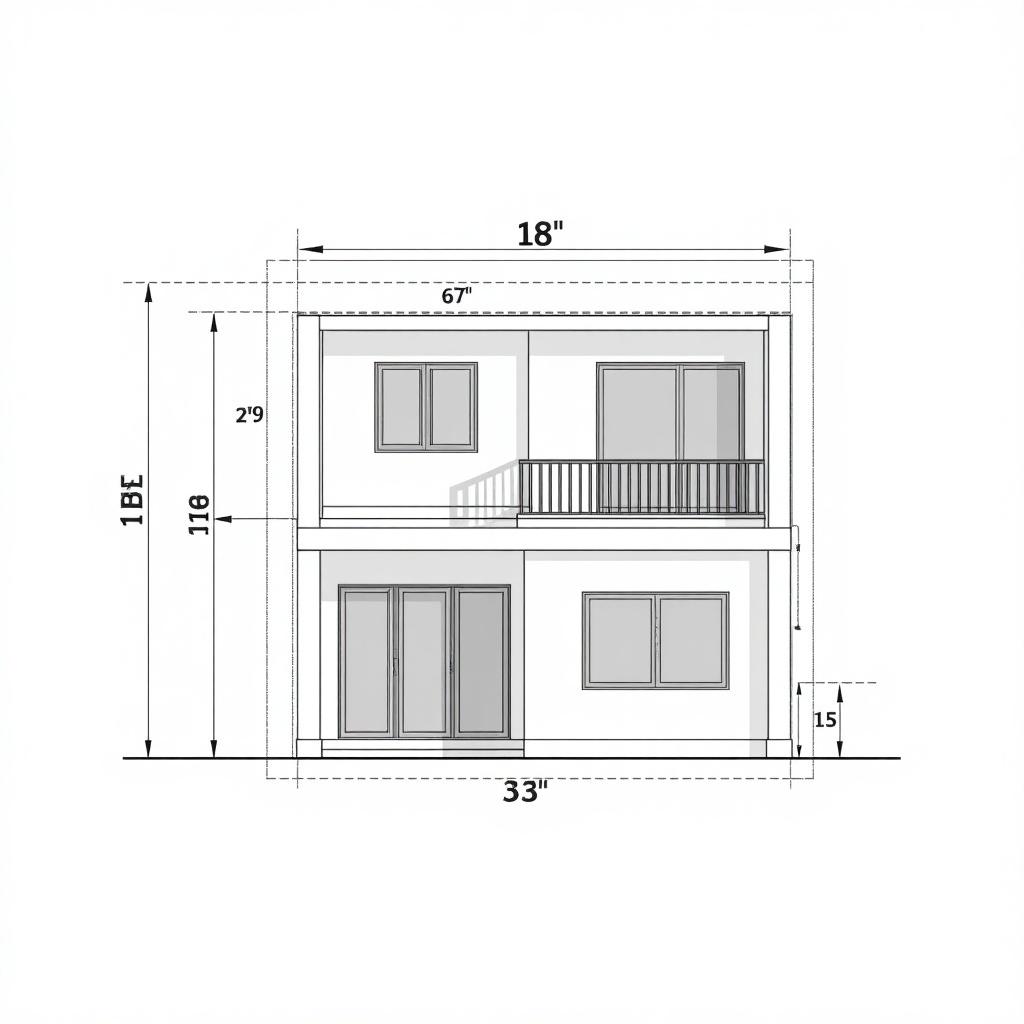 Elevation design for an exterior wall with dimensions of 18 feet width and 33 feet height. The front view shows a modern home featuring several windows and a balcony.