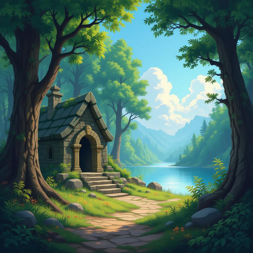 A fantasy RPG scene featuring a small mystical temple in a lush forest. The setting includes tall, mystical trees shadeing a clear sky. A tranquil lake lies in the background, completing the serene landscape.