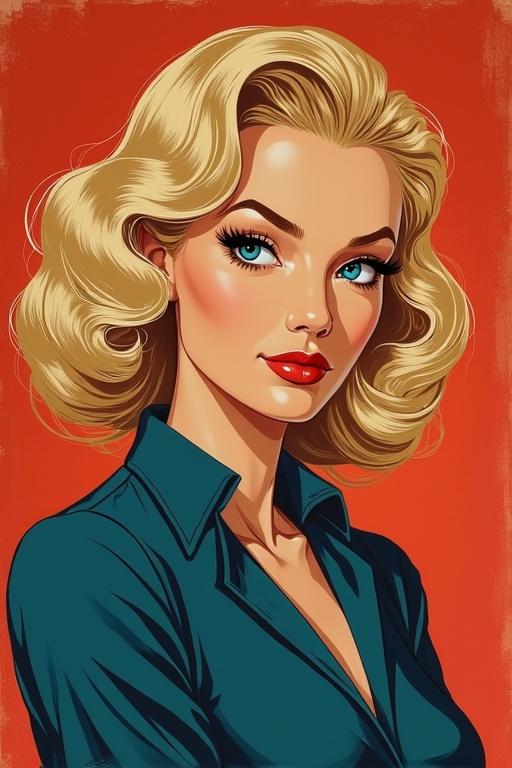 Illustration of a confident woman. She has piercing blue eyes and dark blonde hair styled in soft waves. Expression is bold and mysterious with a subtle smirk, radiating strength. Vintage 1940s/50s propaganda poster style. Features bold lines, flat vivid colors, and a grainy texture. Background uses solid deep reds or blues. Pose is confident, with a slightly tilted head and direct gaze.