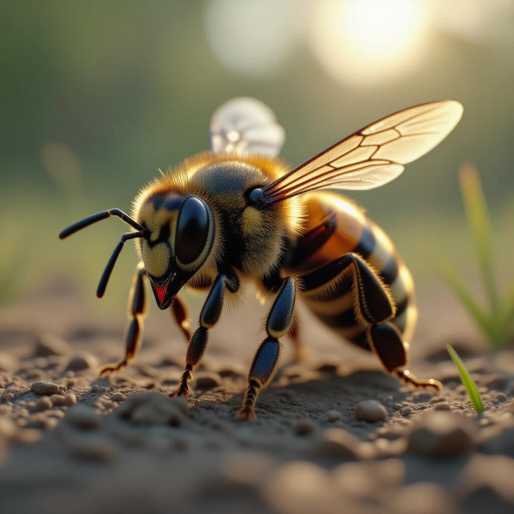 Close-up of Apis andreniformis with hyper-realistic details. Cinematic scene shows the bee on earthy ground. Soft sunlight in the background.