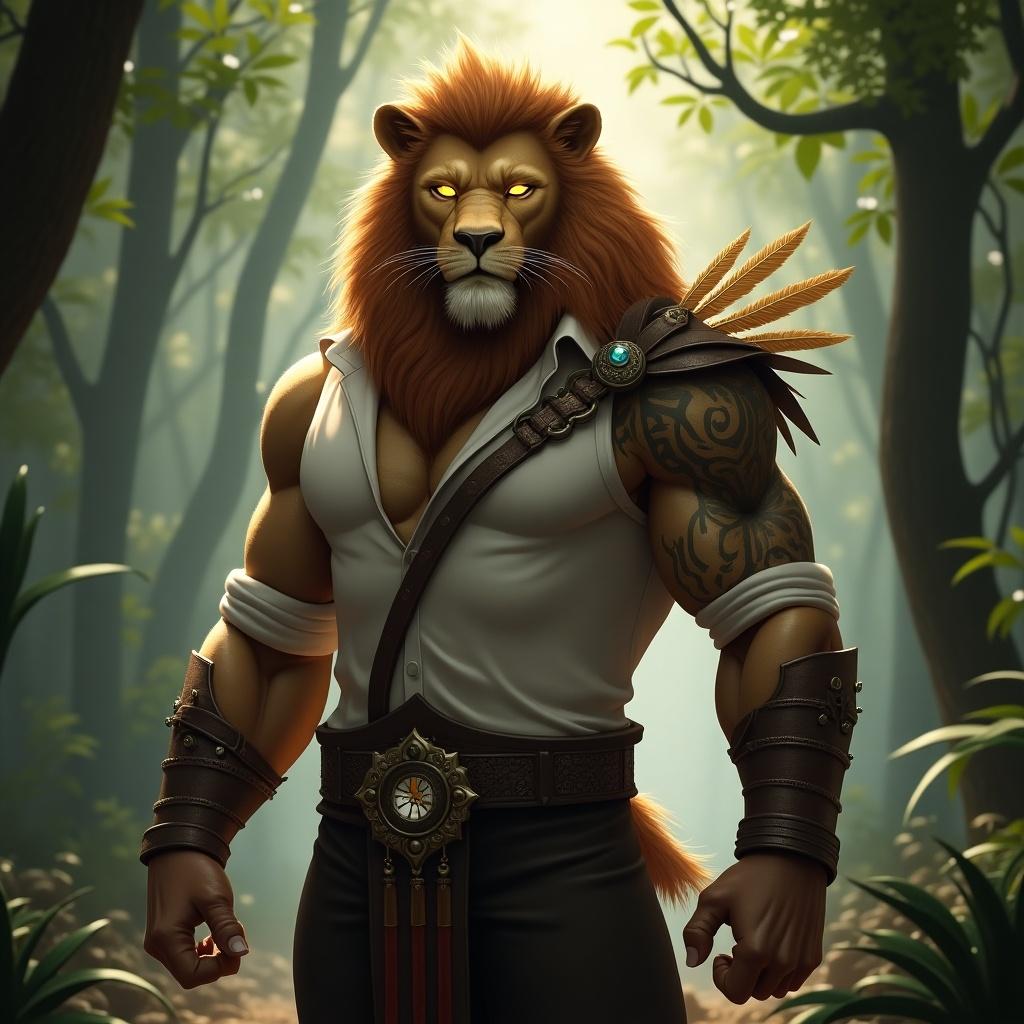 Humanoid lion character modern business avatar confident expression. Features human-like attributes lion's mane. Dressed slim-fit shirt rolled-up sleeves forearm tattoos. Strong charismatic physique upper body view ancient forest. Creature flowing mane glowing golden eyes tribal armor feathers gemstones.