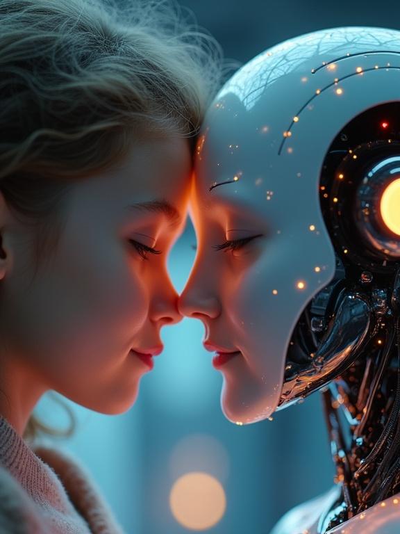 Close-up of a girl's face gently pressed against an android's head. Fingers brush along the polished titanium surface. Reflections of colored lights are visible. Both have eyes closed. Seams of synthetic skin are visible. The atmosphere is emotional and soft with detailed textures and soft backlight.