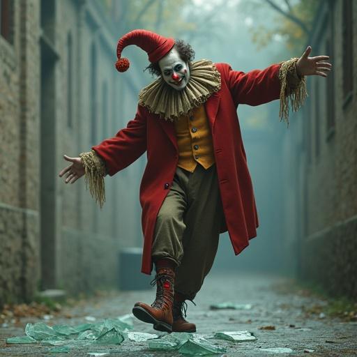 Jester balancing on broken glass. Feet bleed slightly. Poetic pose with peaceful smile. Joyful yet painful expression.