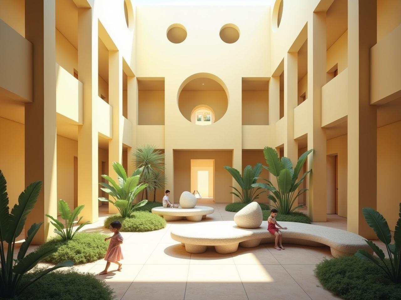 The image depicts an open and airy architectural environment featuring a central courtyard. The walls are smooth and painted a soft yellow, with circular cutouts that allow light to filter in. Tall, slender columns provide structural support, enhancing the spacious feel of the room. In the center, there are abstract stone-like structures that serve as seating areas, surrounded by lush greenery and ornamental plants. Two children are present in the space, one sitting on a curved bench and the other engaging with the stone structure. Natural light streams in, creating a warm and inviting atmosphere.