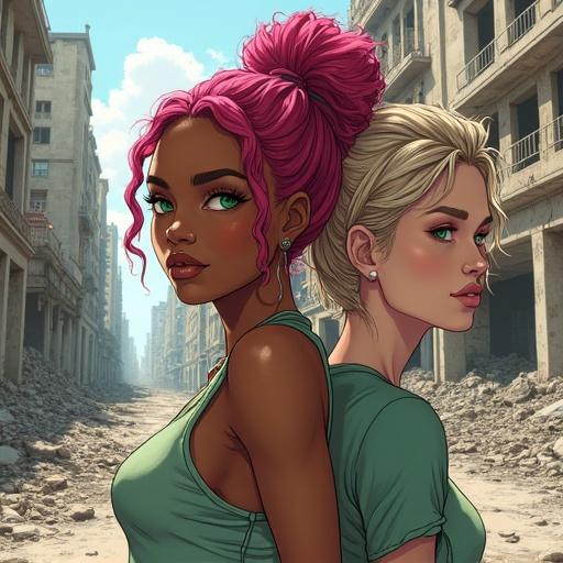 Drawing of a black woman with pink hair and green eyes in a destroyed city. The city is in ruins. Her friend with braids and pale skin stands beside her.