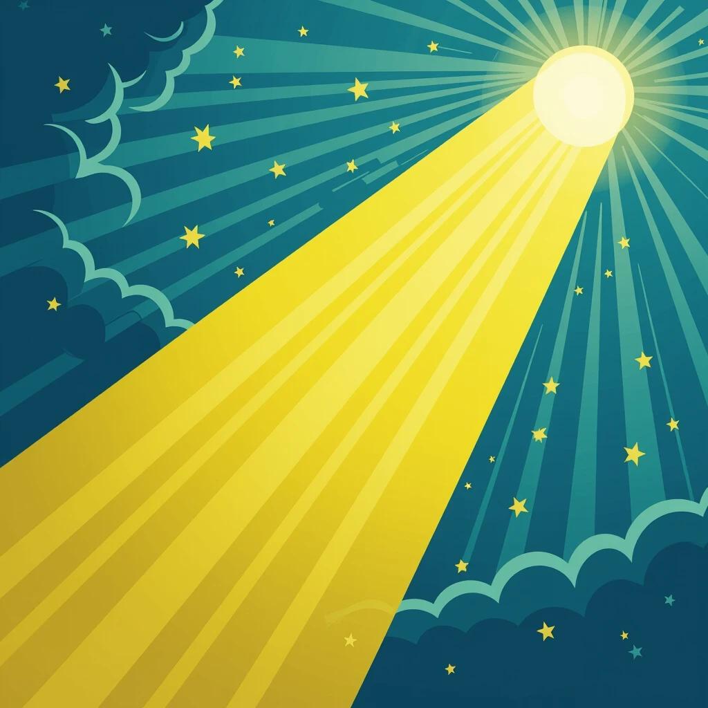 Illustration of bright yellow rays of light shining down from the sun with clouds and stars in the background