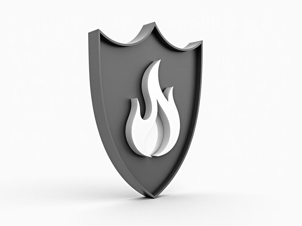 A 3D-rendered shield with a flame symbol, representing protection against fire.