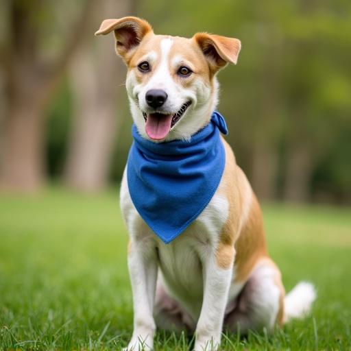 Dog playing in the park wearing a blue bandana. The dog looks happy and joyful. Focus on the dog's face with green grass in the background.