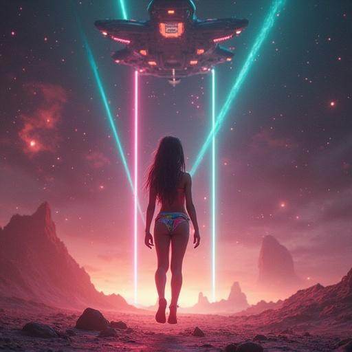 Young girl standing with hands on hips wearing colorful bikini.  Flying in front of alien spacecraft in outer space. Countless lasers firing at her. Feet and body off the ground.