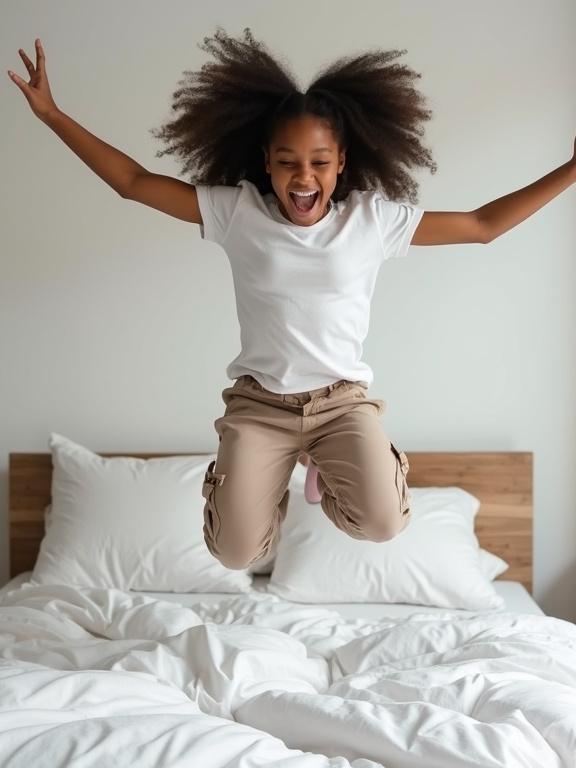 18 year old girl jumps on bed in a white t-shirt. She has brown skin and looks exuberant. The bed is covered in white linens. The setting is cheerful and bright.