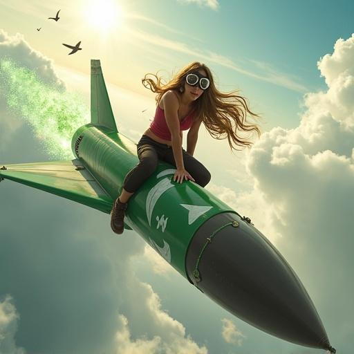 Fantasy girl with long hair wearing aviator goggles sitting on a futuristic missile in the sky. The missile showcases the Pakistan flag with green and white smoke trailing. Background features dynamic clouds and sunlight with birds.