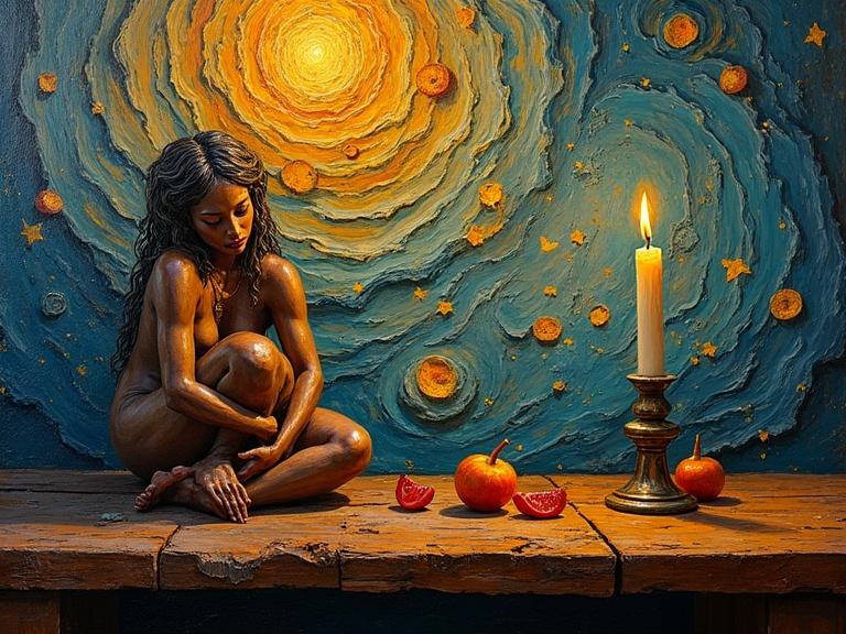 A vibrant still life arrangement featuring a rustic wooden table with a tribal erotic sculpture and a flickering candle. Background shows a swirling textured wall similar to Van Gogh's starry skies. Thick, impasto brushstrokes give a sculptural quality. Candlelight casts shadows, highlighting organic shapes.