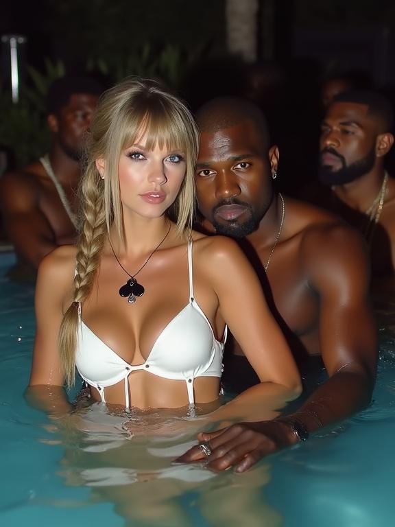 Pool party scene at a nightclub featuring a couple. Woman with blonde bangs, very long twintails, blue eyes. Woman wears small white bikini top, form-fitting miniskirt, black spade pendant, high heels. Man is older black rapper, close to woman. Other men behind them. Full body shot in the pool.