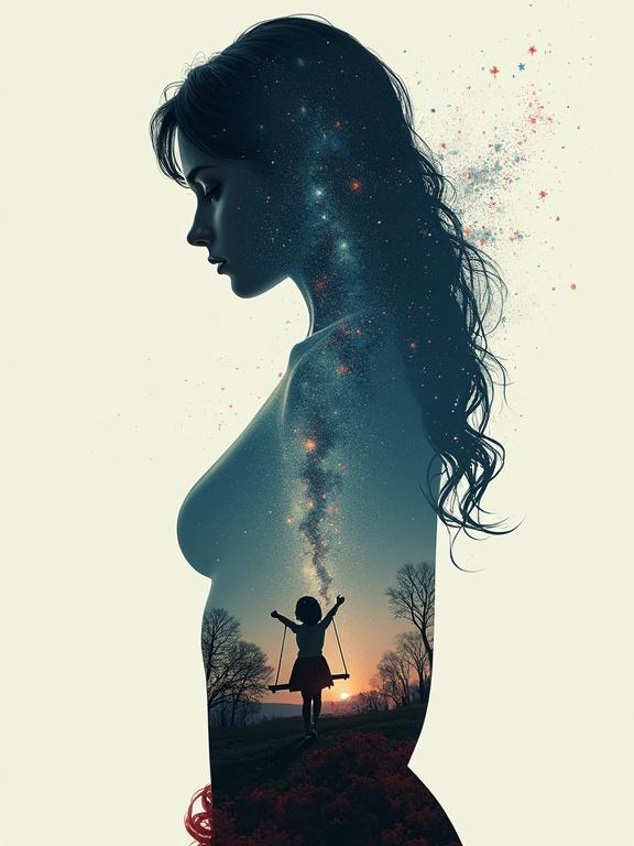 Artistic double exposure of a woman's silhouette filled with a night sky, stars, constellations, and a galaxy. Inside the silhouette, a child on a swing. Expressive digital painting style with visible textures. Soft, dreamlike atmosphere with subdued lighting and minimalist background.