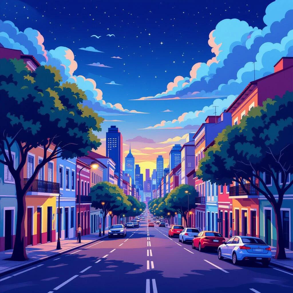 Vibrant animated digital artwork showcasing São Paulo city. Animated street scene with colorful buildings and lively atmosphere. Trees lining the street and a night sky with clouds above.