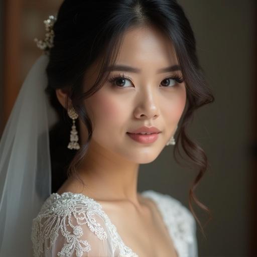 A closeup shot features a bride with dark hair. She has a central Asian appearance. The focus is on her face, with soft lighting highlighting her features. She wears bridal accessories and a delicate outfit.