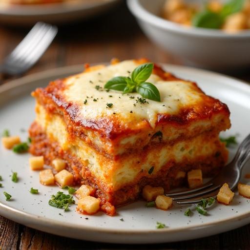 A beautifully presented moussaka dish on a rustic plate. Layered with eggplant and ground meat. Topped with creamy cheese and garnished with fresh herbs. Accompanied by diced potatoes.