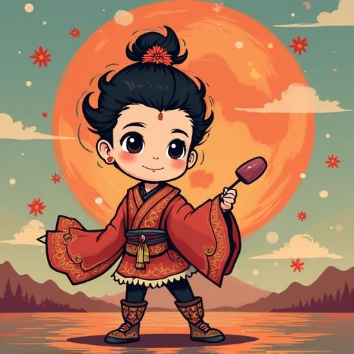 Chibi character in traditional clothing stands smiling. Character holds a popsicle. Background features a large orange sun and stylized mountains. Colorful and cheerful atmosphere.