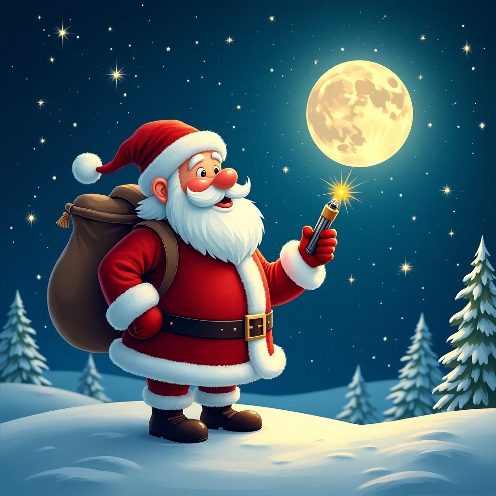 Santa Claus stands on snow-covered ground holding a sparkler. A large full moon shines in the sky surrounded by stars. Evergreen trees are visible in the background.